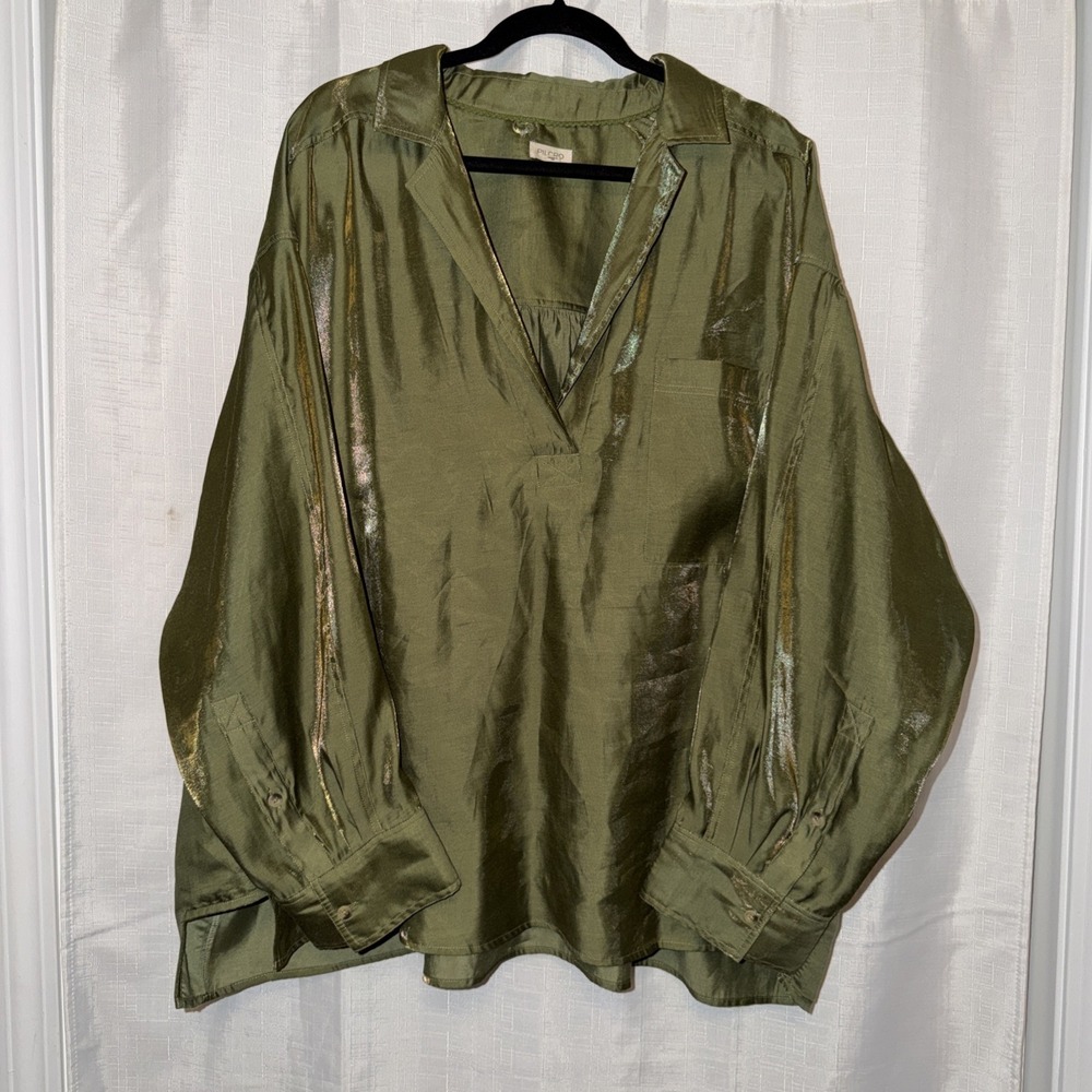 Pilcro Olive Satin V-Neck Blouse - Picture 3 of 11